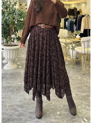 Madame Melek Flok Baskılı Asimetrik Astarlı Bel Lastikli Etek