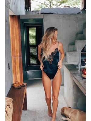 İlkyaz Fashion Ieg™ Kadın Siyah Saten Dantel Işlemli Tulum Gecelik