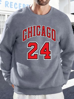Chicago Number 24 Letter Baskılı Erkek Kazakları Rahat Sokak Modası Polar Sweatshirt Yuvarlak