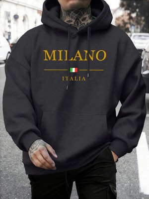 Milano Italia Baskı Sonbahar Modası Kapüşonlu Üst Erkek Temel Giyim Günlük Tişörtler Rahat Po