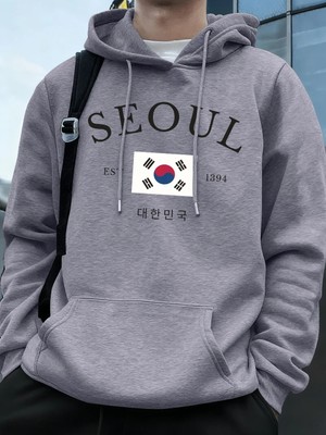 Seul Est 1394 Bayrak Harfli Baskılı Kapüşonlu Erkek Eşofman Cepli Kazak Sportif Bol Sweatshir