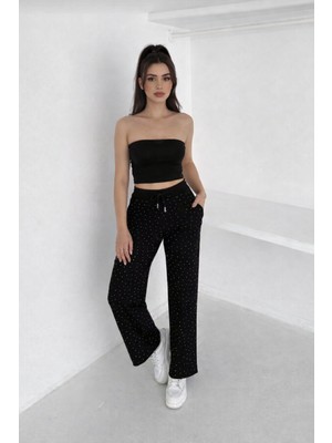 Lubiti Taş Detaylı Rahat Kesim Modal Pantolon /yüksek Bel Lastikli Bol Paça