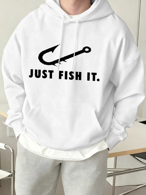 Just Fish It Balık Kancası Desenli Baskılı Erkek Kapüşonlu Sweatshirt Moda Polar Sıcak Kazak