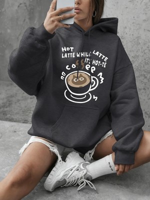 Sıcak Latte Kedi Baskılı Sweatshirtler Kadınlar Için Günlük Bol Kapüşonlu Üstler Kışlık Polar