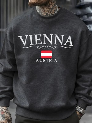 Viyana Avusturya Bayrağı Baskılı Erkek Tişörtü O-Boyun Rahat Kazaklar Sonbahar Polar Bol Giys