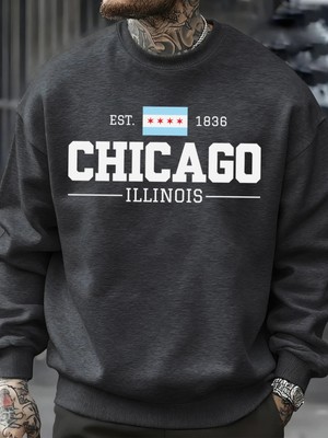 Chicago Illinois Baskılı Sonbahar Erkekler Kazak Yumuşak Giysiler Büyük Boy Sokak Kazak Polar