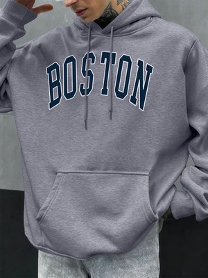 Boston Mektup Logo Tasarımı Erkekler Hoody Sonbahar Polar Kapüşonlular Hip Hop Büyük Boy Soka