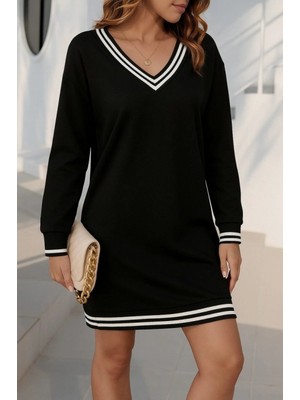 Kadın Uzun Kollu V Yakalı Şerit Detaylı Kısa Viskon Iki Iplik Elbise