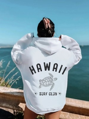 Hawall Surf Club Basit Mektup Desen Baskı Bayan Hoodie Uzun Kollu Cep Tişörtü Sıcak Kazak Mod