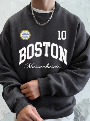 Boston Massachusetts Baskılı Erkek Tişörtü Sonbahar Gevşek Kapüşonlu Üst Hip Hop Bisiklet Yak