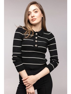 Saade Siyah Çizgili Polo Yaka Düğmeli Fitilli Triko Bluz - Truvakar Kol Std