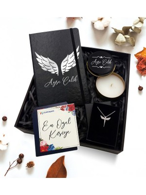 As Gift Kişiye Özel Siyah Defter & Gold Detaylı Siyah Mum & Gümüş Kaplama Melek Kolye Hediye Seti