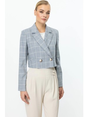 Ekol Kadın Ekoseli Indigo Crop Ceket 04030