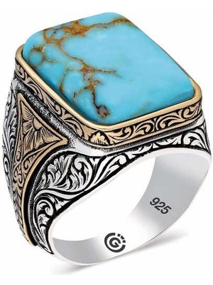 Fumeyabi ​gümüş  Zirkon Turkuaz Taşlı Kare Erkek Yüzük