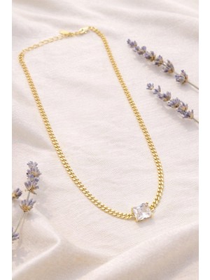 Nora VIP14 K Zarif Kare Taşlı Altın Zincir Kolye Gold