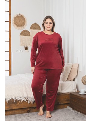 Asel Büyük Beden  Kırmızı Likralı Soft Kadife Pijama Takımı