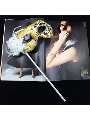 Lüks Taşlı Saplı Balo Maskesi Beyaz Renk