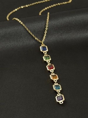 Ekonomik Sepeti Renkli Zirkon Taşlı Gold Renkli Çelik Kolye