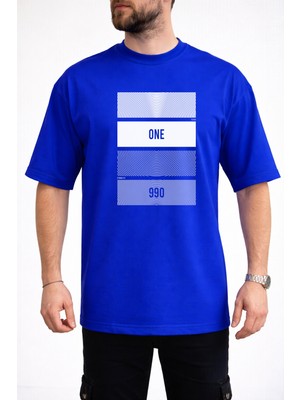 Caddekombin Erkek One Yazılı Konsantrik Çizgi Detaylı Bisiklet Yaka Saks Mavi T-Shirt