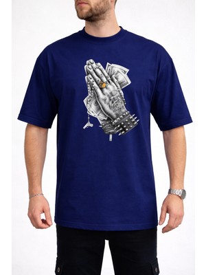 Caddekombin Erkek Vortex Desenli Push Yazı Baskılı Bisiklet Yaka Lacivert T-Shirt