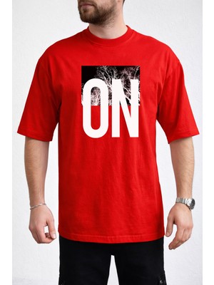 Caddekombin Erkek Doğa Temalı On Yazı Baskılı Bisiklet Yaka Kırmızı T-Shirt