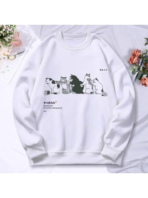 Karikatür Kedi Baskı Kadın Hoody Sonbahar Yumuşak Sıcak Kazak Kore Büyük Boy Kapşonlu Basit T