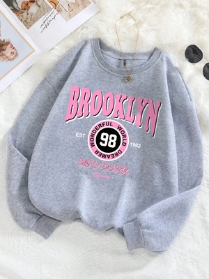 Brooklyn Dünya Hayalperest Kazak Kadın Mektup Baskılı Kapüşonlu Svetşört Polar Sıcak Crewneck