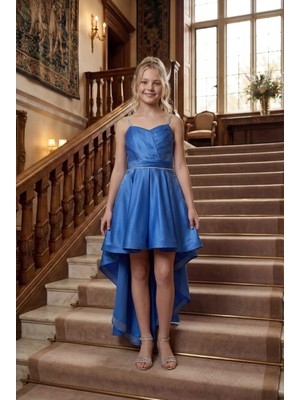 Kız Çocuk Abiye İndigo Taş Kordon Askılı Kalp Yaka  Club Saten Kuyruklu Abiye Elbise 9-16  Yaş