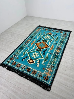 Bakırözü Home Pamuk Polyester Karışımlı Modern Otantik Kilim - Anadolu Turkuaz Modeli Yıkanabilir Kilim