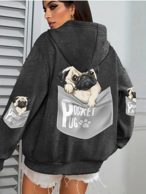 Cep Pug Kapüşonlu Üstleri Kadınlar Karikatür Köpek Baskılı Büyük Beden Cepli Kapüşonlu Üst Kı