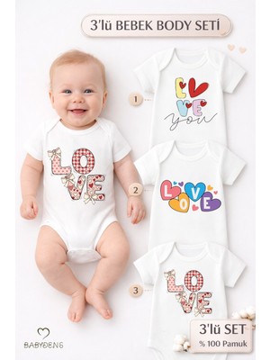 Babyden's Love Baskılı 3’lü Bebek Body Seti %100 Pamuk – Kısa Kollu Çıtçıtlı Yenidoğan & Bebek Zıbın (0-24 Ay)