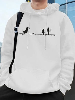 Dinozorlar Kaktüs Üzerinde Baskı Erkek Kazak Kış Polar Sıcak Kapüşonlular Kore Gevşek Cep Kaz