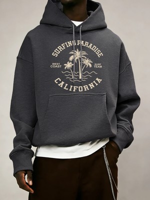Sörf Cenneti Kaliforniya Baskılı Kapüşonlular Erkek Cep Yumuşak Giysiler Polar Gevşek Üstler