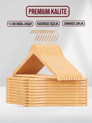 SDF Askı Naturel Ahşap Elbise Pantolon Askısı Gold Kanca 10 Adet