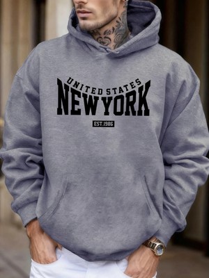 Amerika Birleşik Devletleri New York Est 1986 Baskılı Erkek Sonbahar Polar Kapşonlu Kazaklar