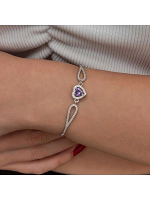 Bazarhane Gümüş Mor Zirkon Taşlı Kalp Bileklik