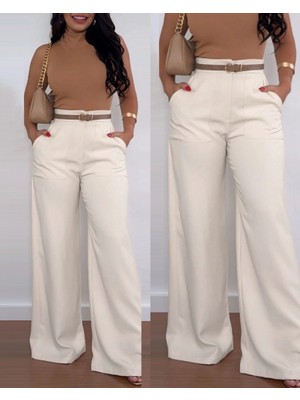 Kadın Yüksek Bel Geniş Paça Detaylı Cepli Ithal Krep Pantolon