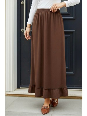 İmaj Butik Kahverengi Eteği Katlı Bel Lastikli Bürümcük Etek