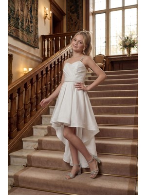 Kız Çocuk Abiye Krem Taş Kordon Askılı Kalp Yaka  Clup Saten Kuyruklu Abiye Elbise 9-16 Yaş