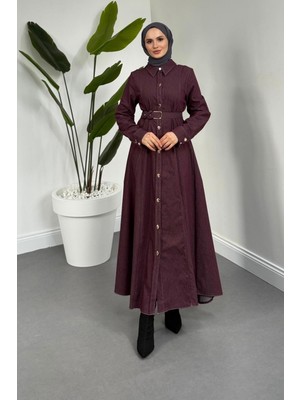 Merven Akyüz Milena Önden Düğmeli Tensel Kumaş Elbise Mürdüm