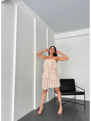 Krem Şifon Askılı Elbise