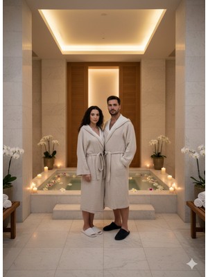 Monochrome Kapşonlu 4 Kat Bej -Krem Rengi Müslin Bornoz -Unisex % 100