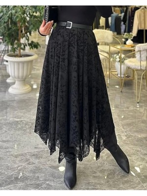 Madame Melek Flok Baskılı Asimetrik Astarlı Bel Lastikli Etek