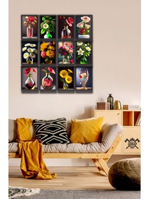 Pi Dekorasyon 12 Parça Vazo Çiçek Çerçeve Görünümlü Mdf Tablo Duvar Süsü Hediyelik Eşya Çiçekler