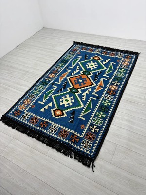 Bakırözü Home Pamuk Polyester Karışımlı Modern Otantik Kilim - Anadolu Mavi Modeli Yıkanabilir Kilim