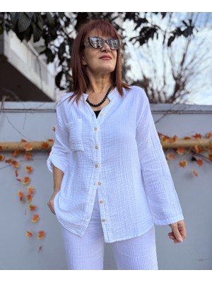 Denizege Butik Müslin Hakim Yaka Gömlek Beyaz