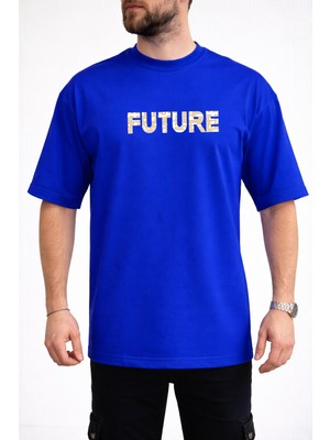 Caddekombin Erkek Future Yazı Baskılı Bisiklet Yaka Saks Mavi T-Shirt