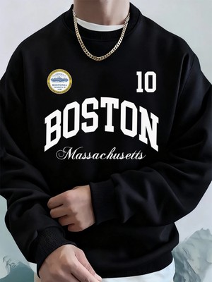 Boston Massachusetts Baskılı Erkek Tişörtü Sonbahar Gevşek Kapüşonlu Üst Hip Hop Bisiklet Yak