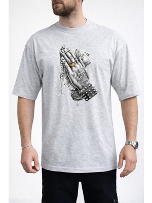 Caddekombin Erkek Vortex Desenli Push Yazı Baskılı Bisiklet Yaka Gri T-Shirt