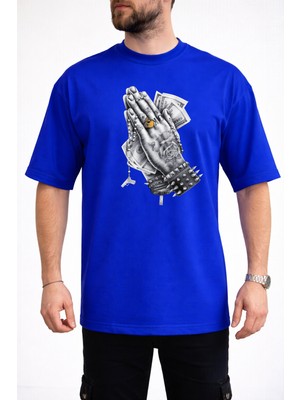 Caddekombin Erkek Dövmeli El ve Dolar Fotoğraf Baskılı Bisiklet Yaka Saks Mavi T-Shirt